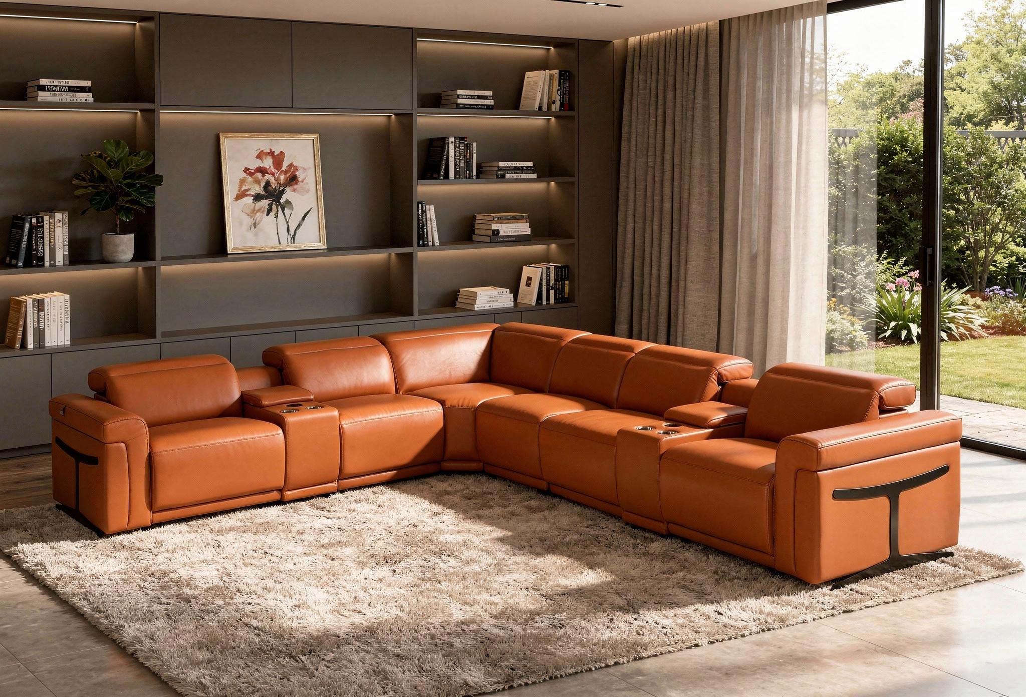 Camel Italian Leather Modular L Shaped Eight Piece Corner Sectional With Console