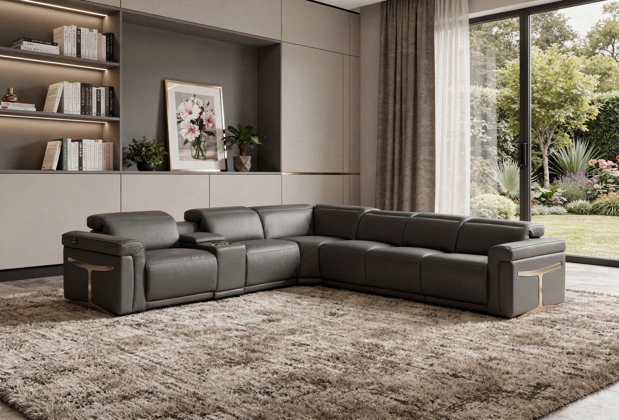 Gray Italian Leather Modular L Shaped Seven Piece Corner Sectional With Console