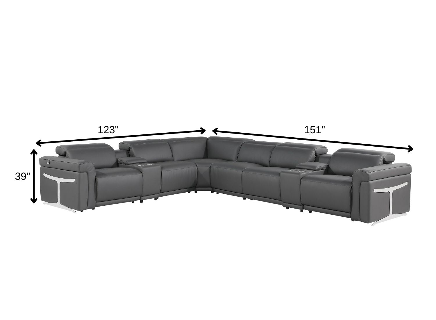 Gray Italian Leather Modular L Shaped Eight Piece Corner Sectional With Console
