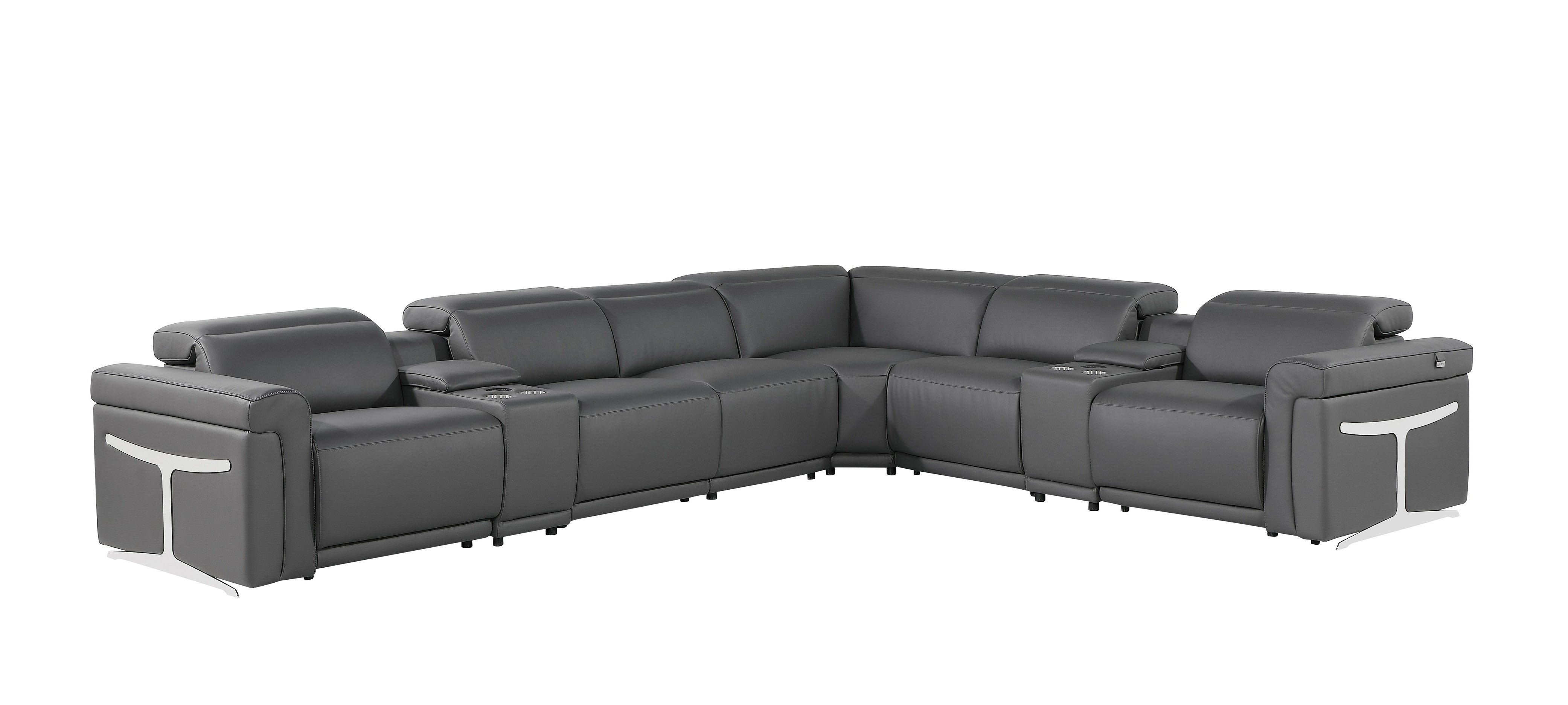 Gray Italian Leather Modular L Shaped Eight Piece Corner Sectional With Console