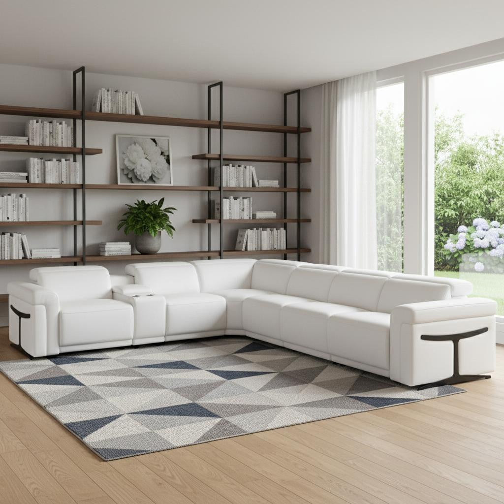 White Italian Leather Modular L Shaped Seven Piece Corner Sectional With Console