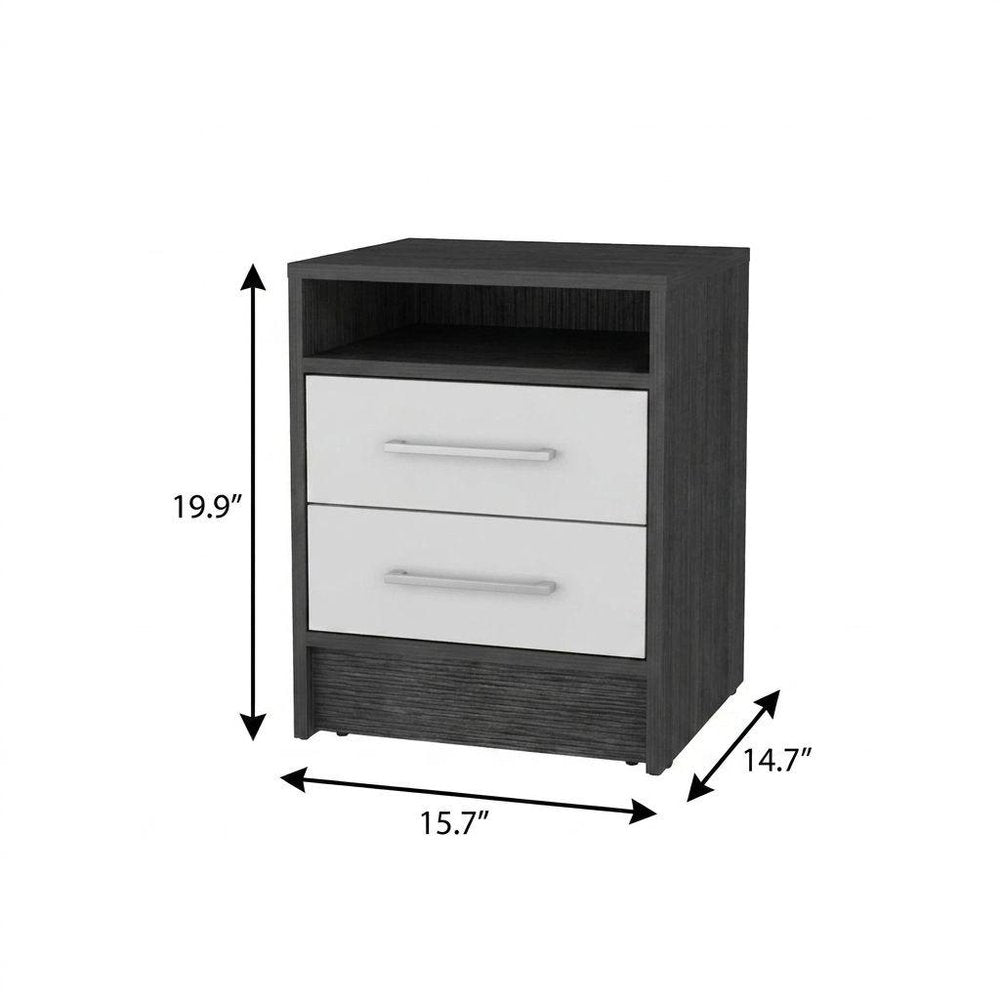 20" Dark Gray And White Wood Two Drawer Nightstand