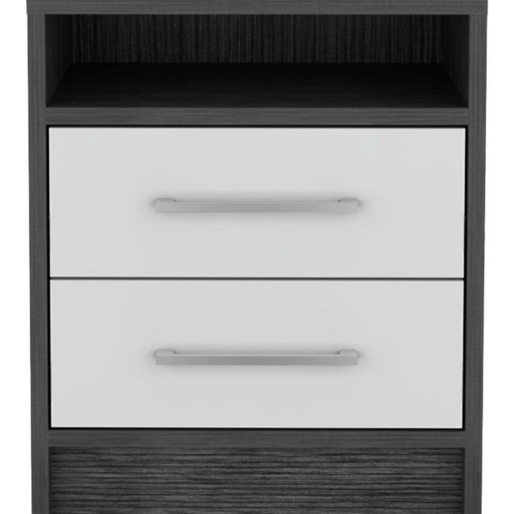 20" Dark Gray And White Wood Two Drawer Nightstand