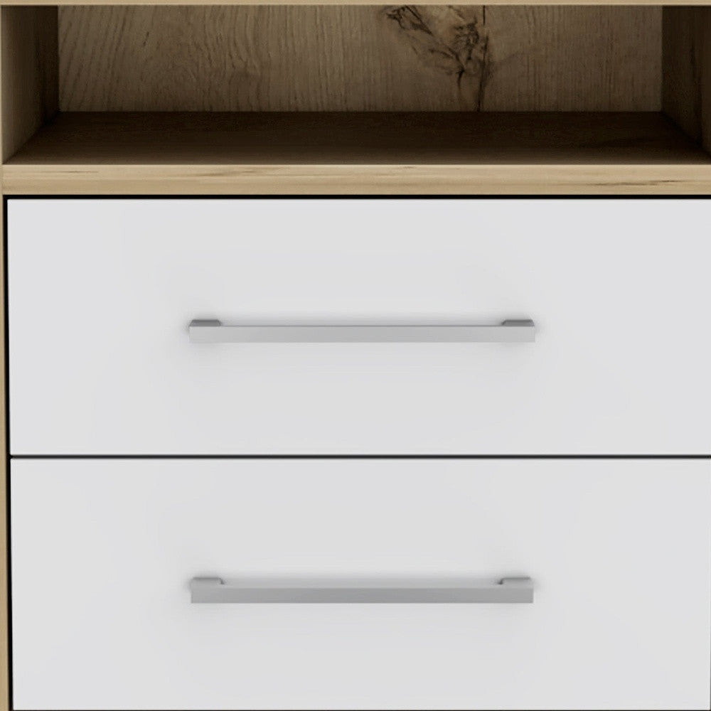 20" White And Natural Wood Two Drawer Nightstand