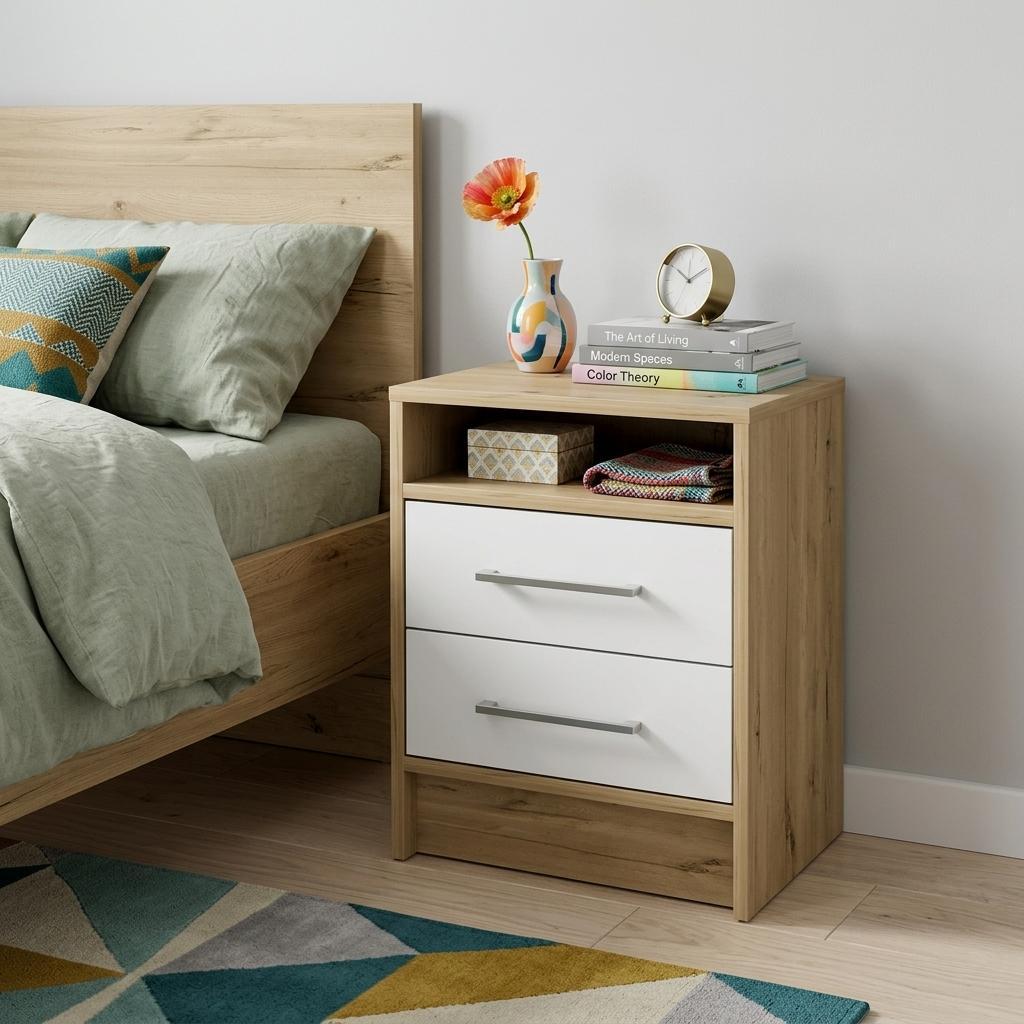 20" White And Natural Wood Two Drawer Nightstand