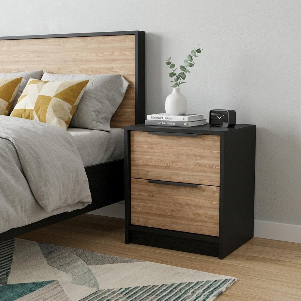 19" Black And Natural Wood Two Drawer Nightstand