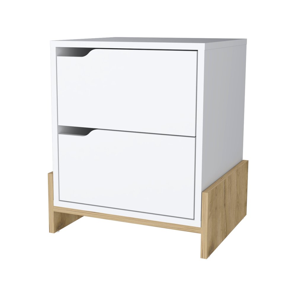 20" White And Natural Wood Two Drawer Nightstand