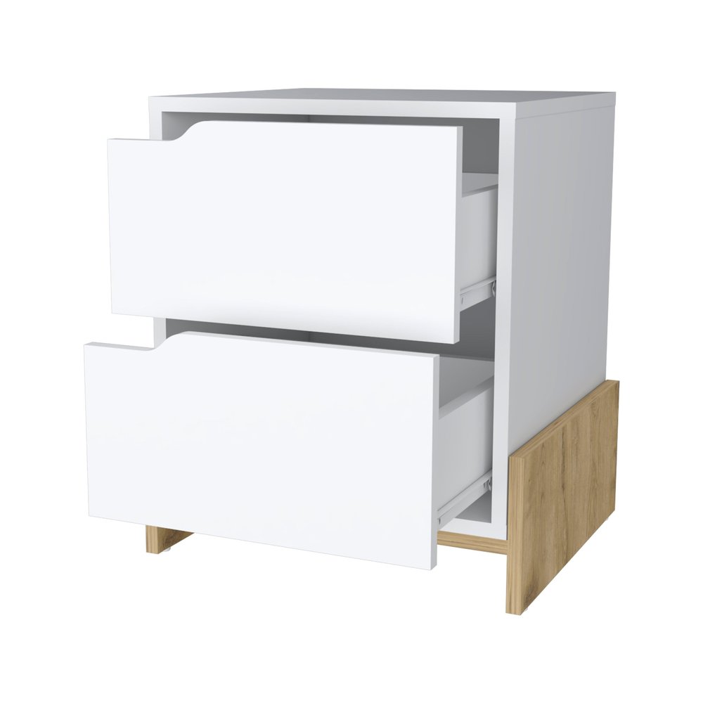 20" White And Natural Wood Two Drawer Nightstand
