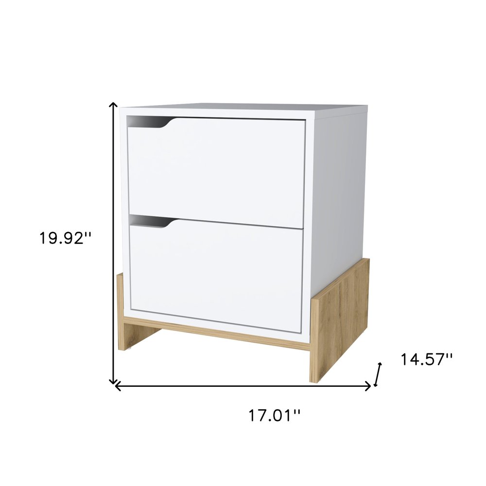 20" White And Natural Wood Two Drawer Nightstand
