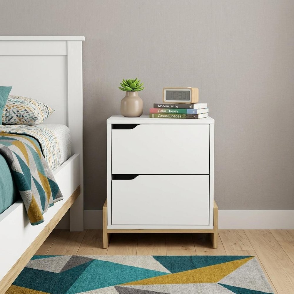 20" White And Natural Wood Two Drawer Nightstand