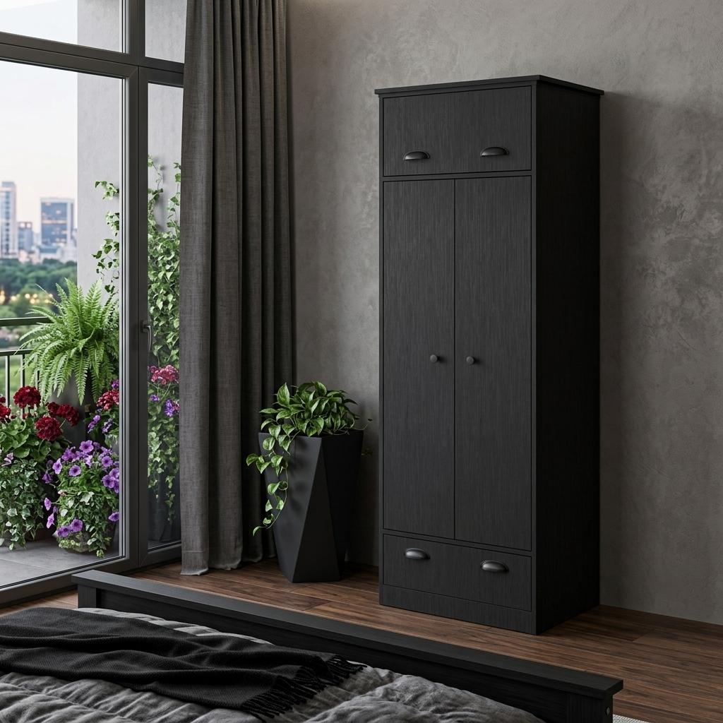 70" Black Wood Three Door Single Drawer Combo Dresser