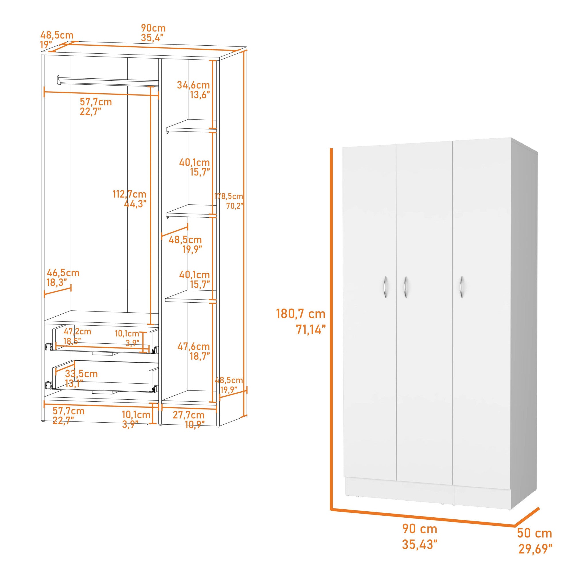 35" White Two Drawer Combo Dresser