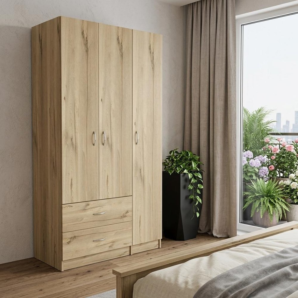 71" Oak Wood Three Door Two Drawer Combo Dresser