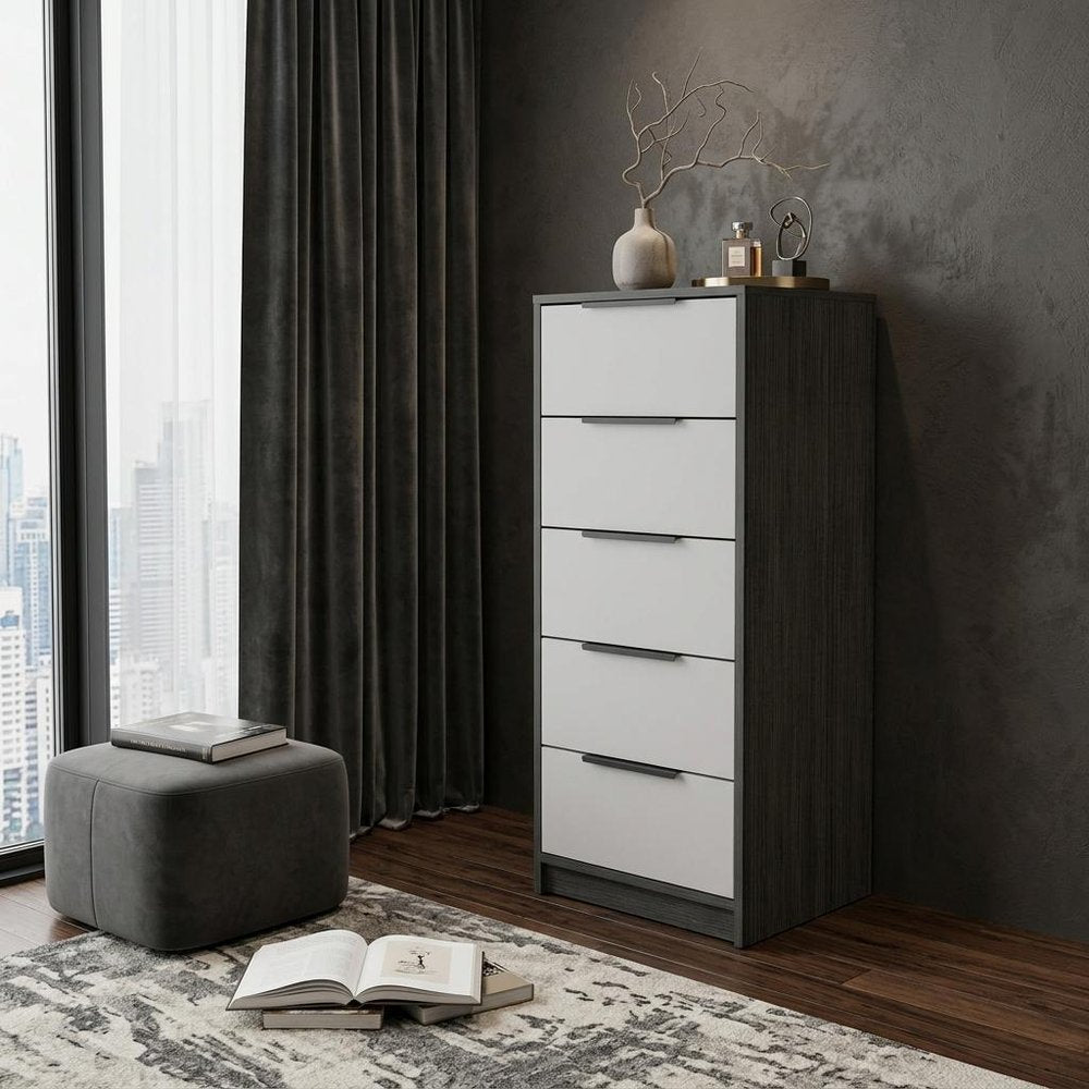 18" White And Gray Wood Five Drawer Dresser