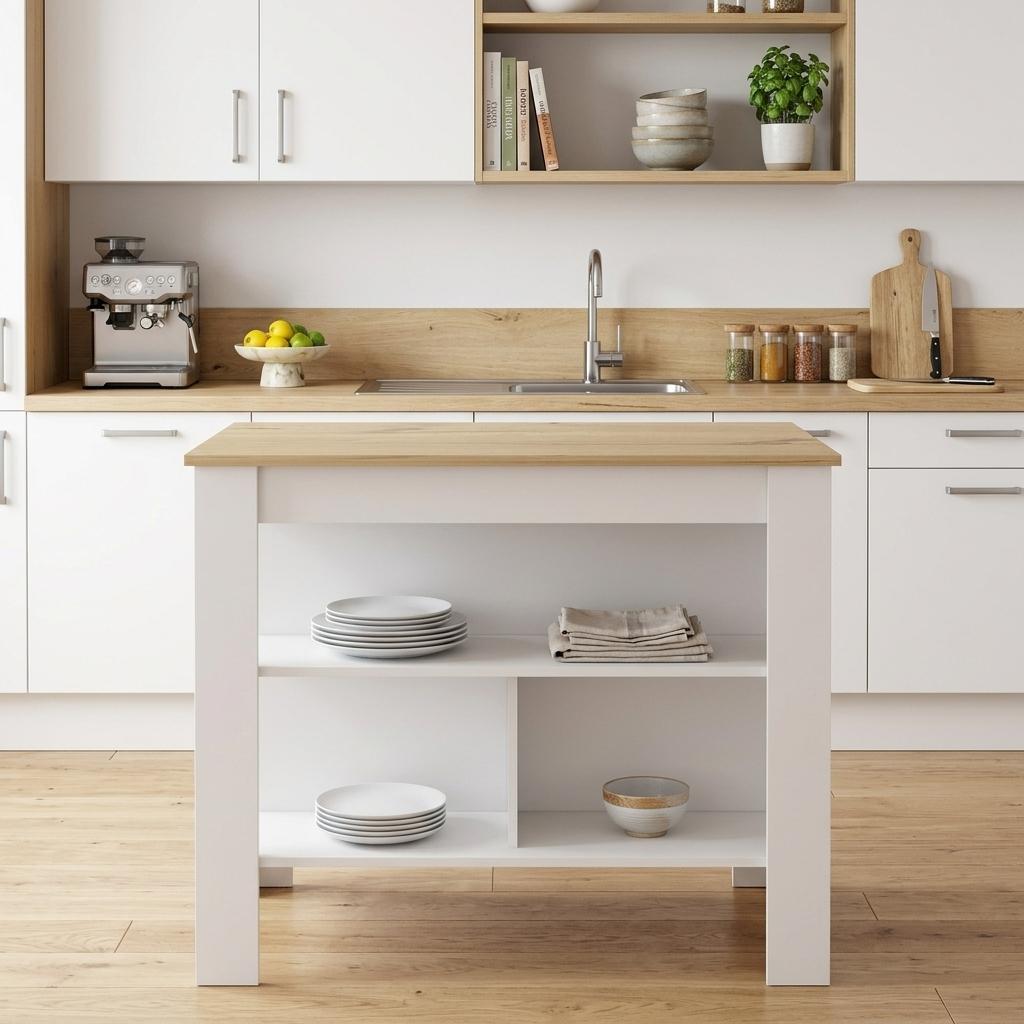 White and Oak 41" Kitchen Island With Storage