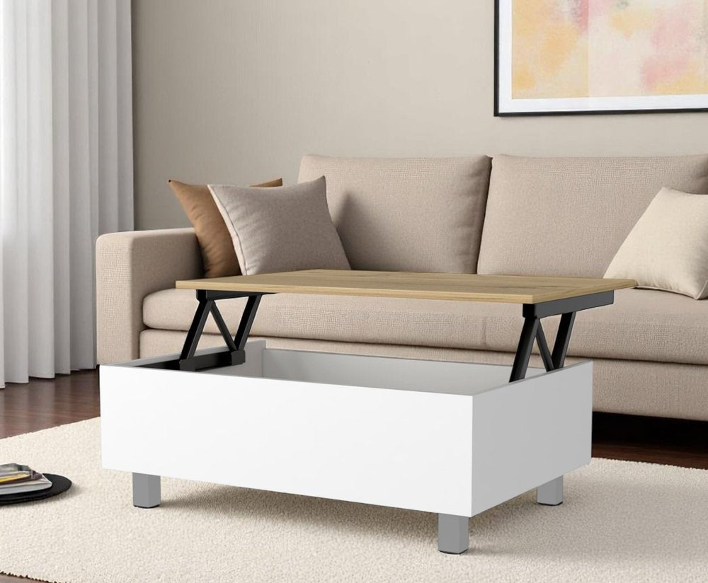 32" White And Oak Brown Wood and Metal Lift Top Coffee Table
