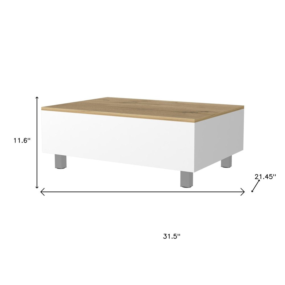 32" White And Oak Brown Wood and Metal Lift Top Coffee Table
