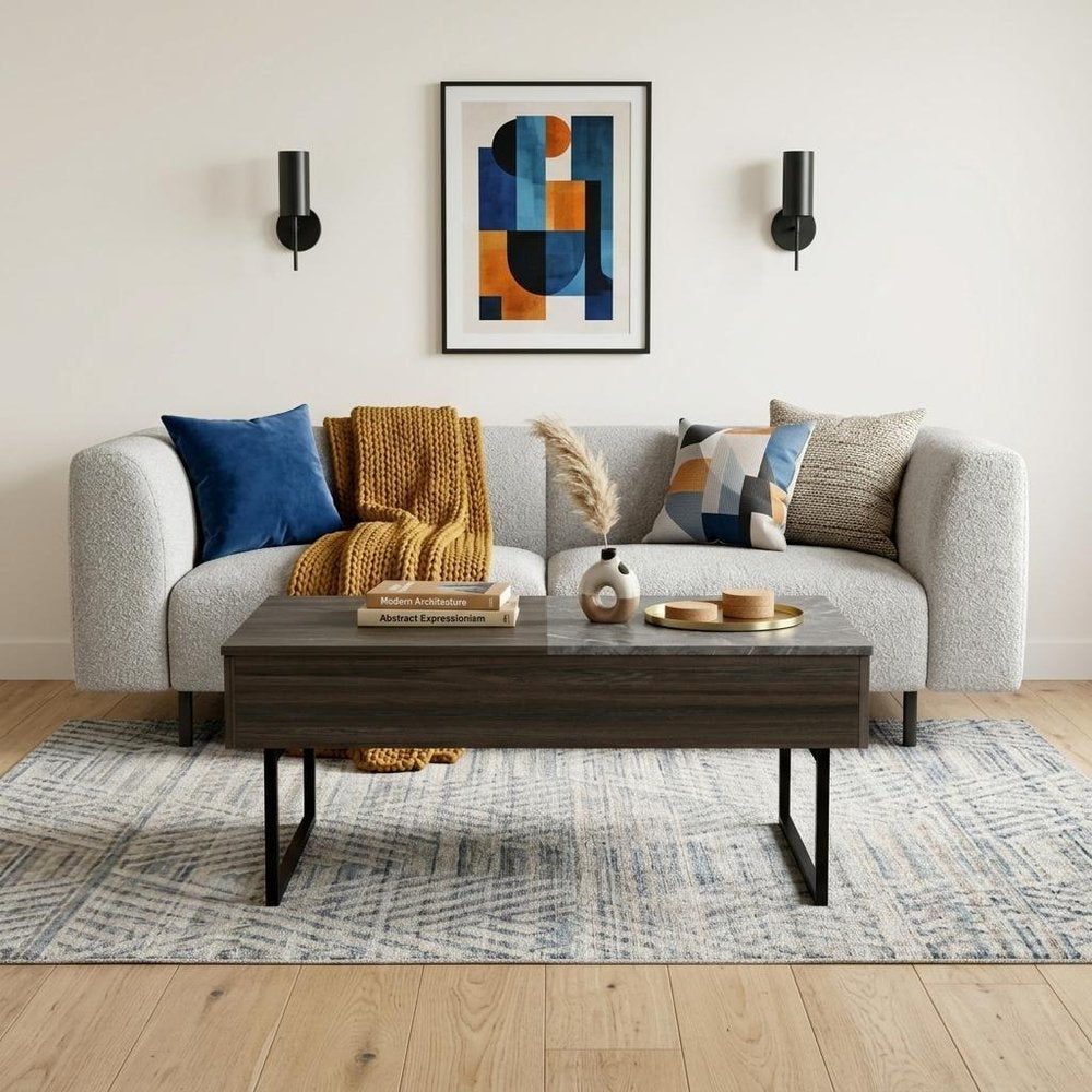39" Espresso And Black Wood And Metal Lift Top Coffee Table With Drawer