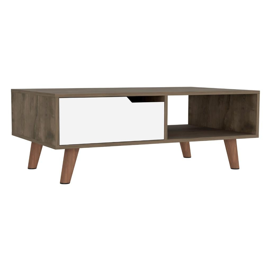 40" Brown And Brown and White Wood Coffee Table With Drawer And Shelf