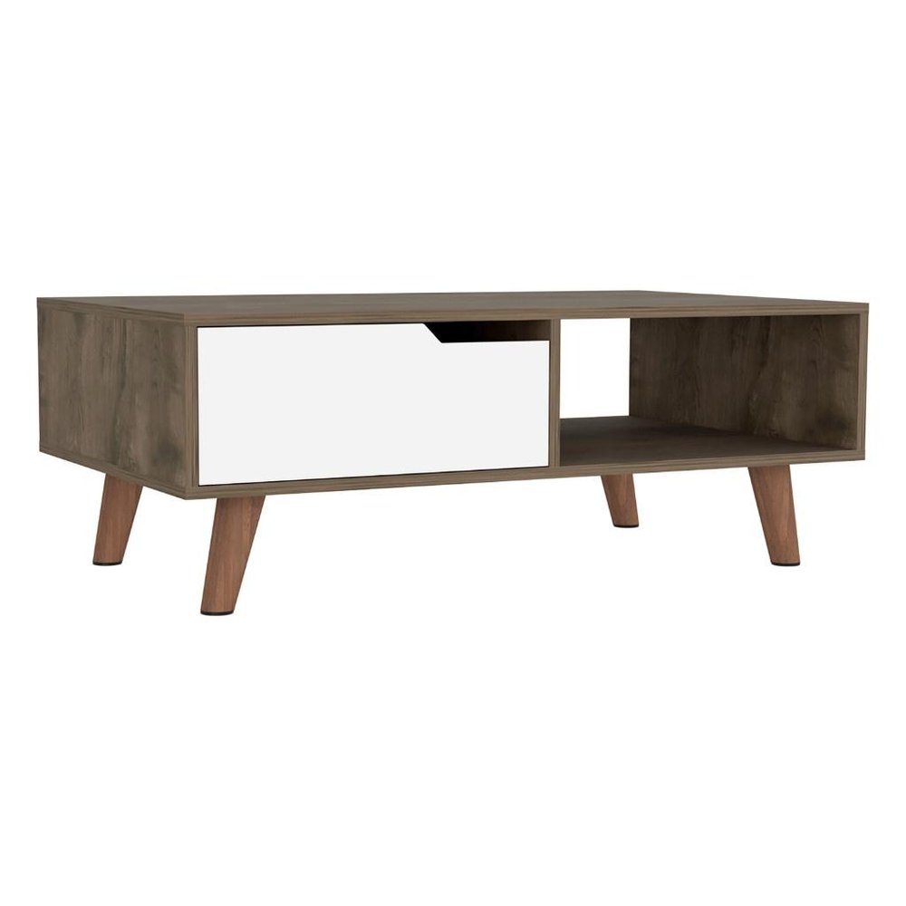 40" Brown And Brown and White Wood Coffee Table With Drawer And Shelf