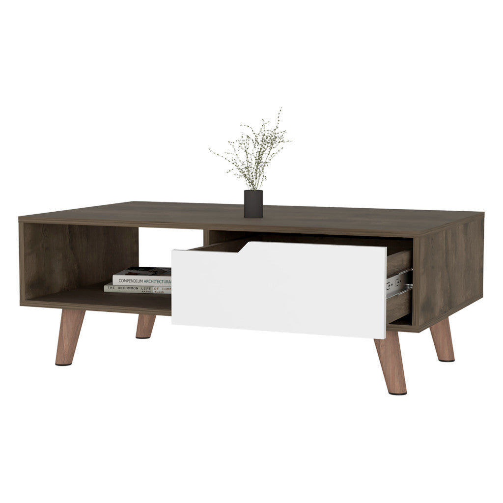 40" Brown And Brown and White Wood Coffee Table With Drawer And Shelf