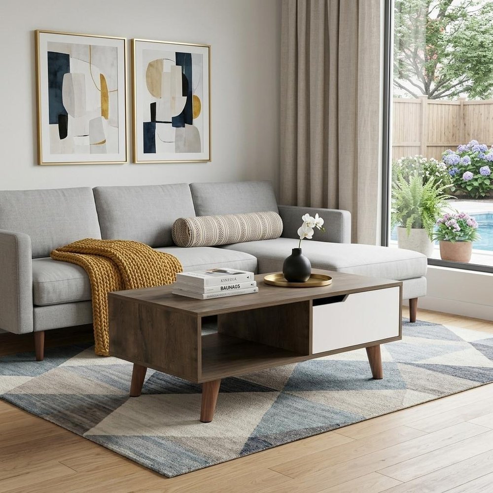 40" Brown And Brown and White Wood Coffee Table With Drawer And Shelf