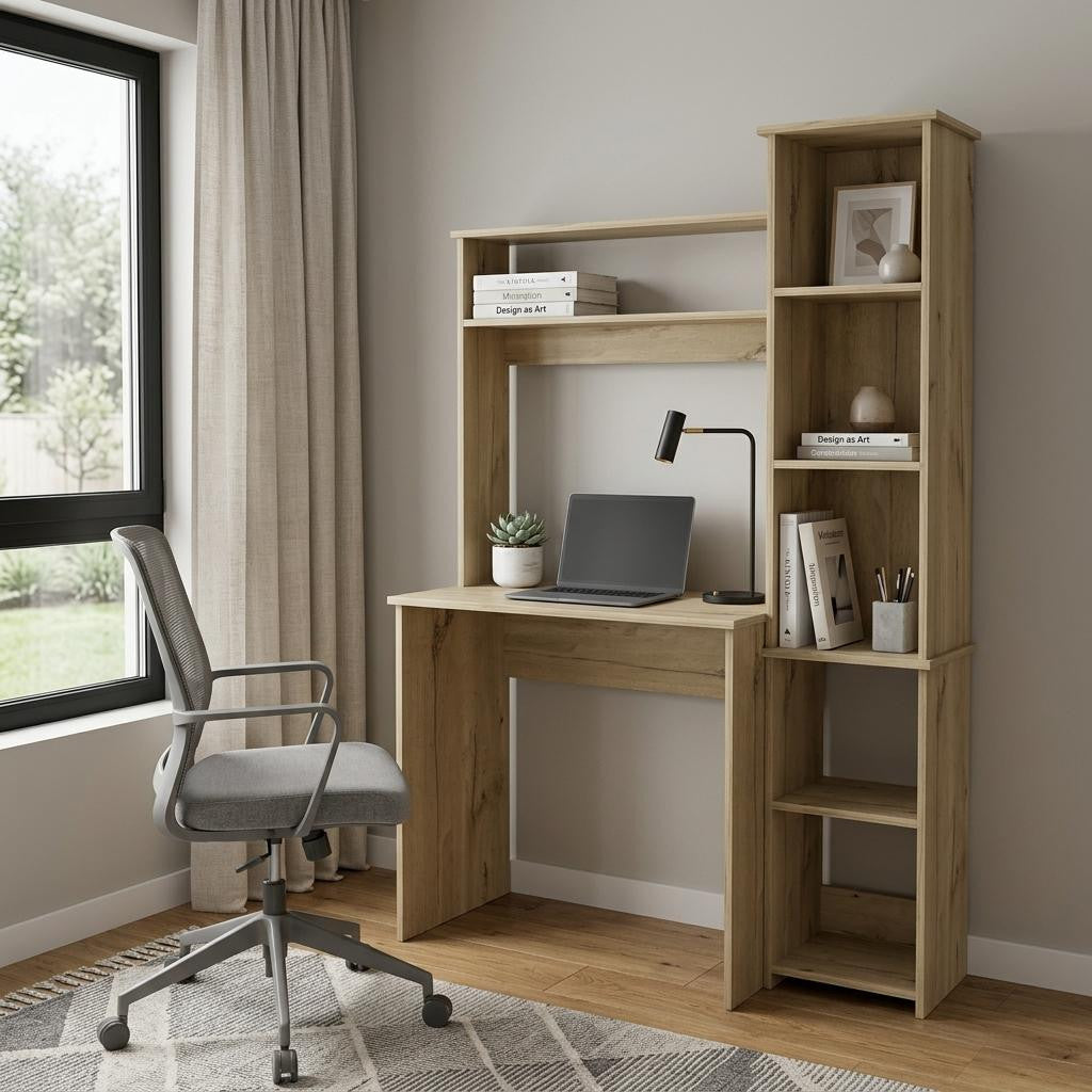 39" Oak Wood Computer Desk With Hutch and Bookshelf Set
