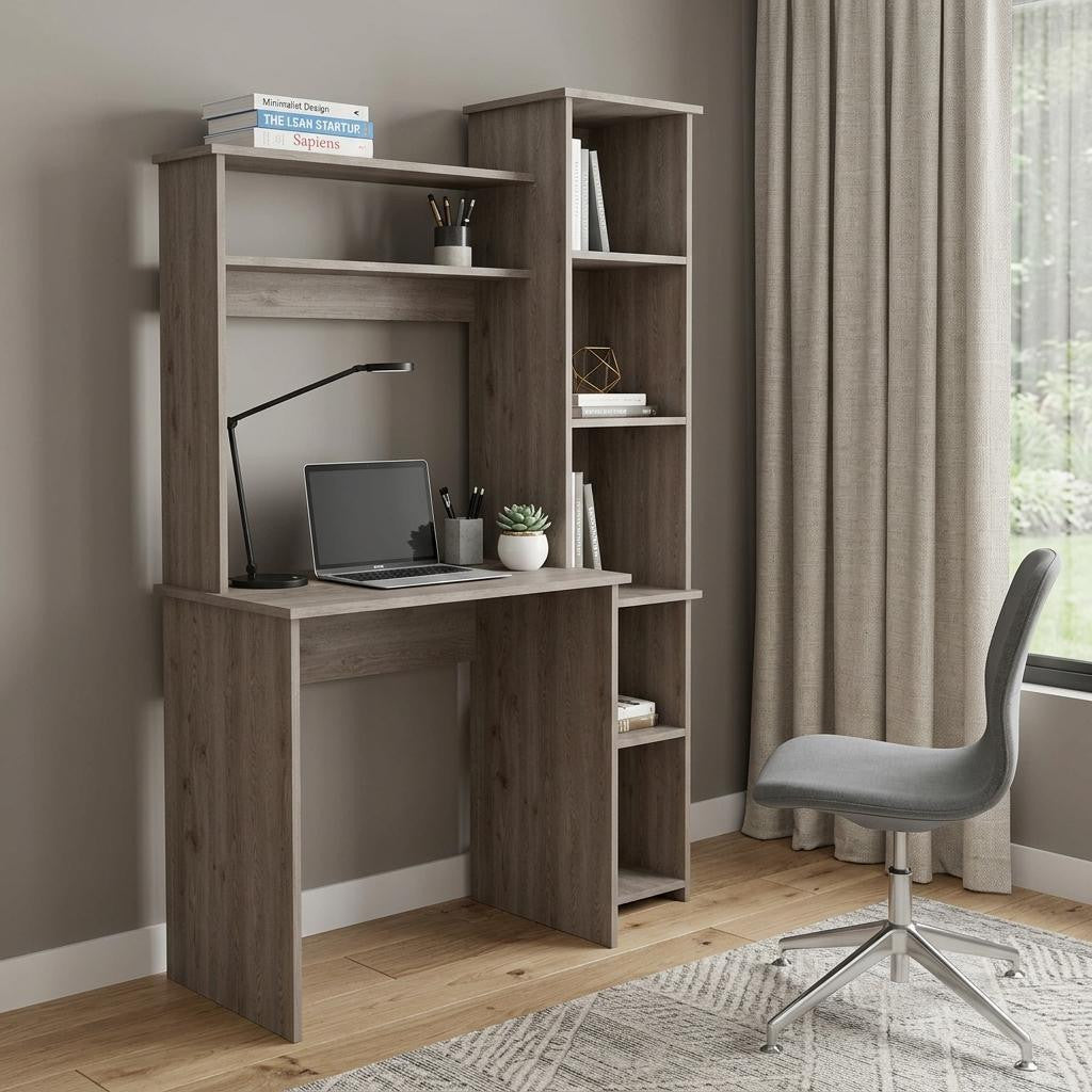 39" Light Gray Wood Pedestal Computer Desk With Hutch
