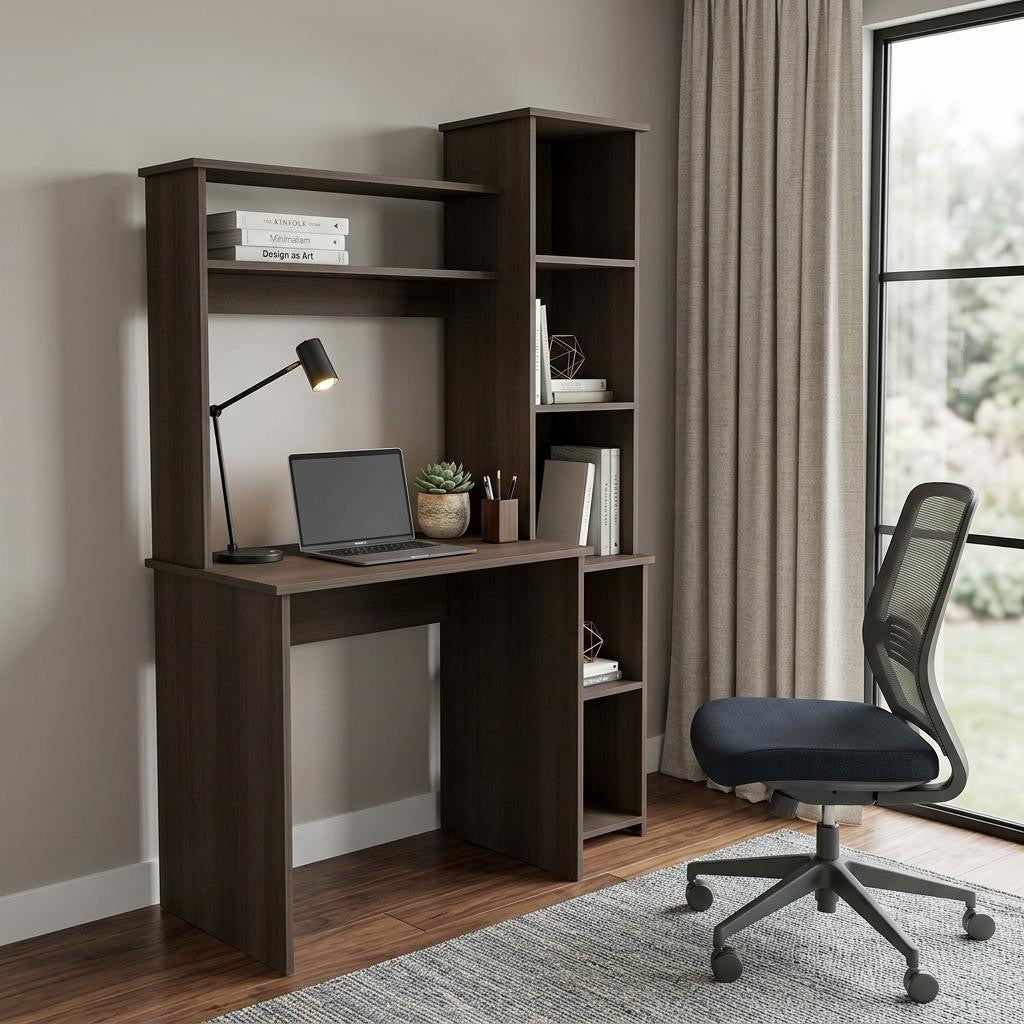 39" Charcoal Wood Pedestal Computer Desk With Hutch