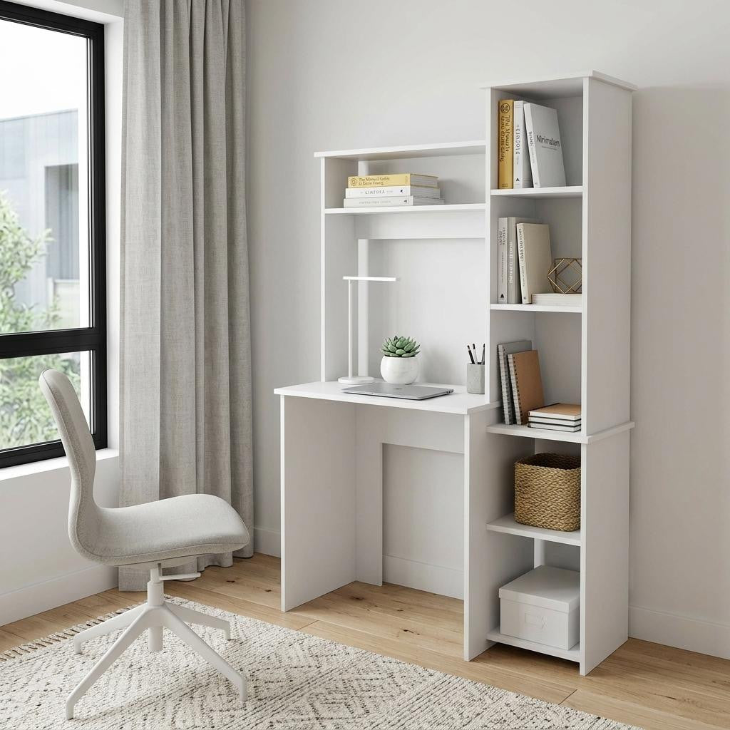 39" White Wood Pedestal Computer Desk With Hutch