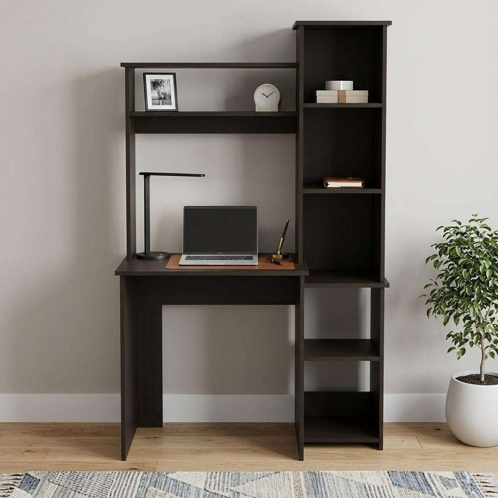 40" Black Wood Pedestal Computer Desk With Hutch