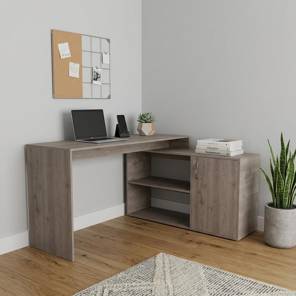 60" Light Gray Wood L Shape Pedestal Computer Desk