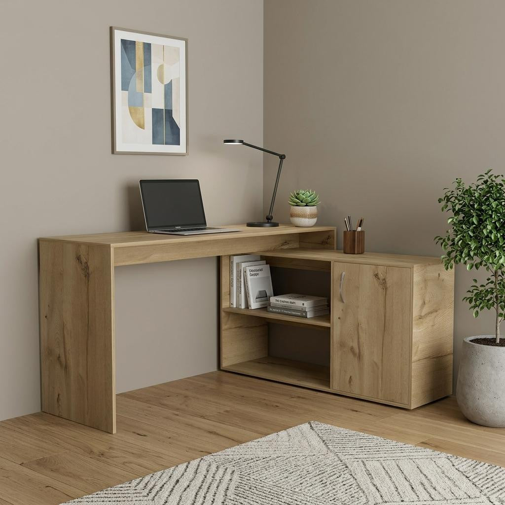 60" Oak Wood L Shape Computer Desk