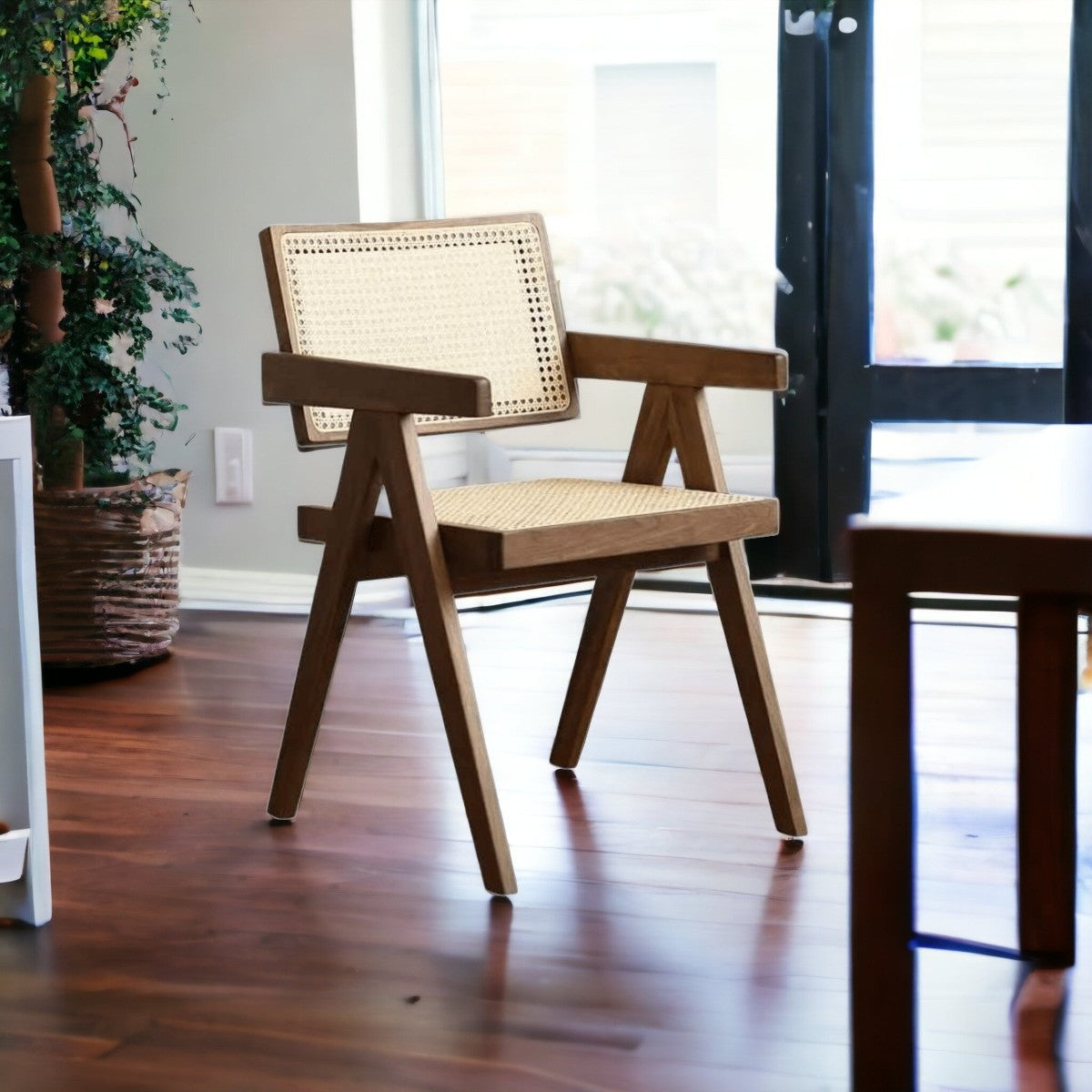 Yellow and Brown Rattan Cross Back Arm chair