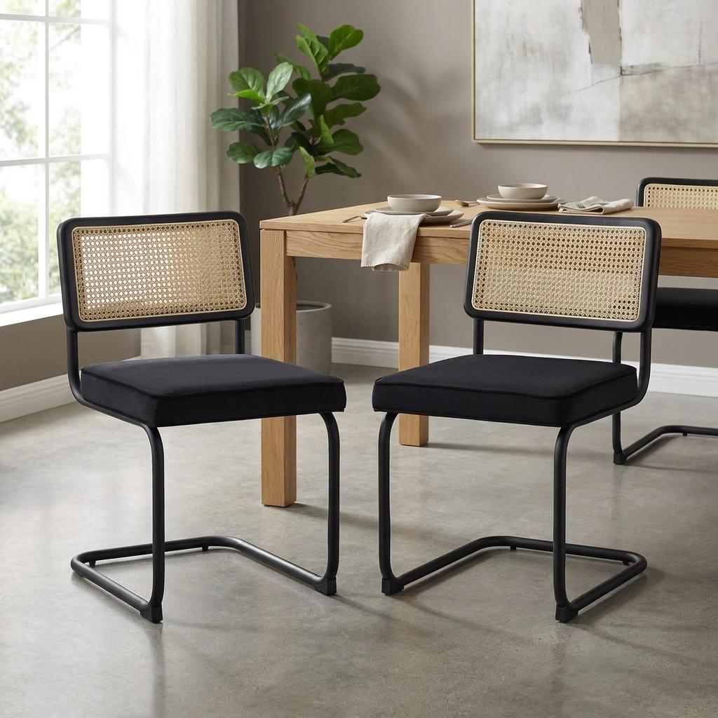 Set of Two Black Upholstered Velvet Dining Side Chairs