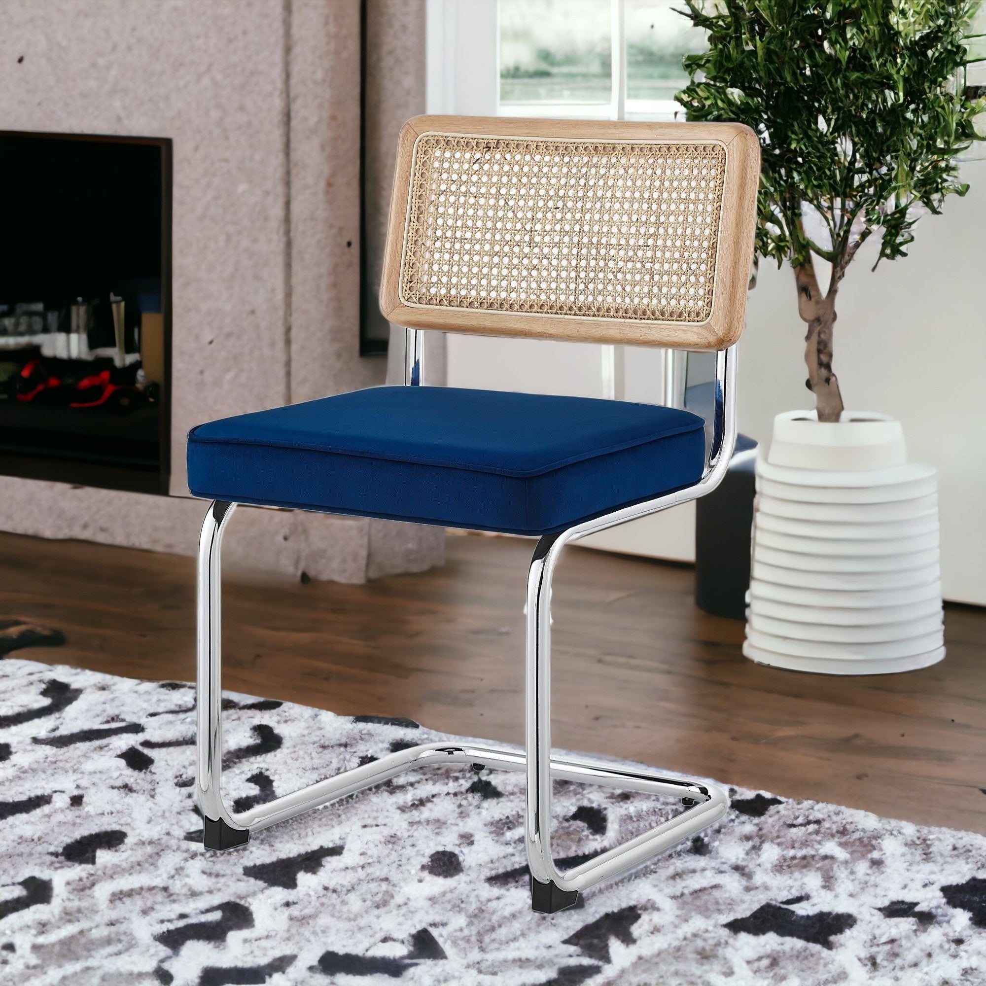 Set of Two Navy Blue and Silver Upholstered Velvet Dining Side Chairs