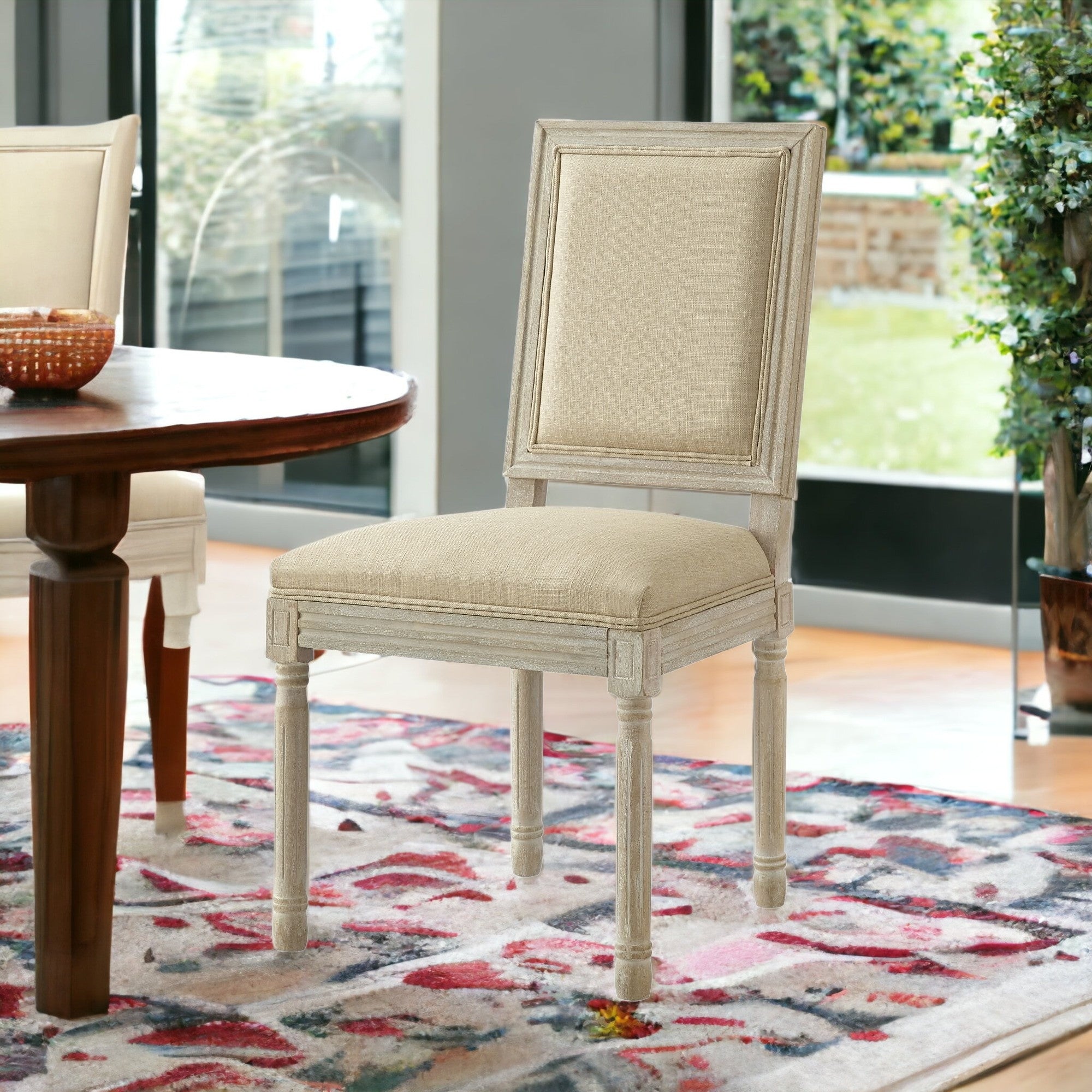 Set of Two Gray and Brown Upholstered Linen Dining Side Chairs