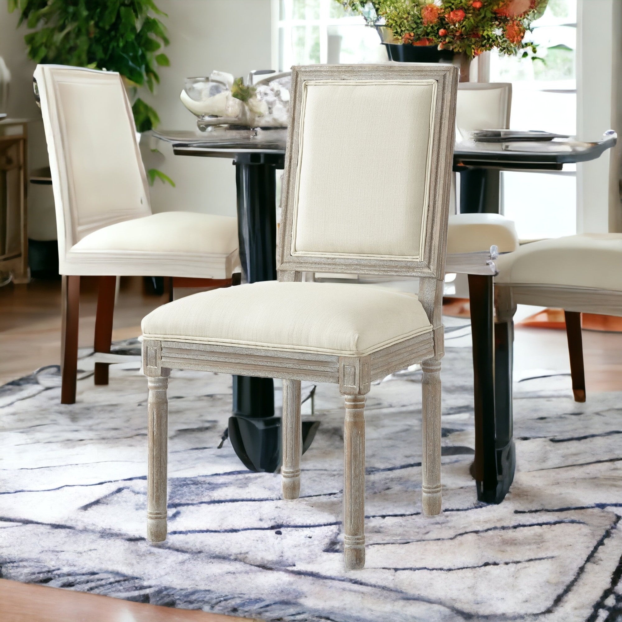 Set of Two Gray and Brown Upholstered Linen Dining Side Chairs