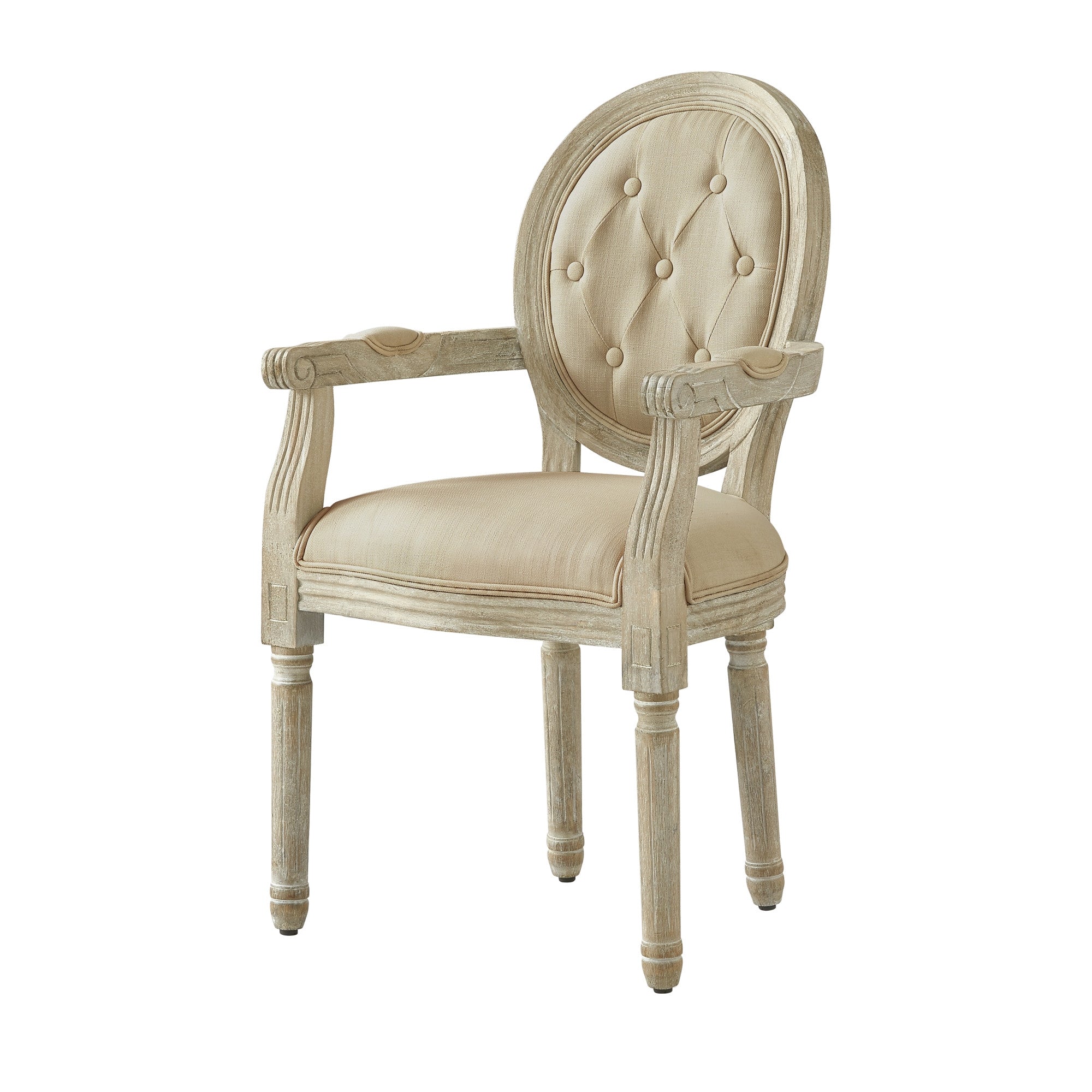 Tufted Cream and Brown Upholstered Linen Dining Arm Chair