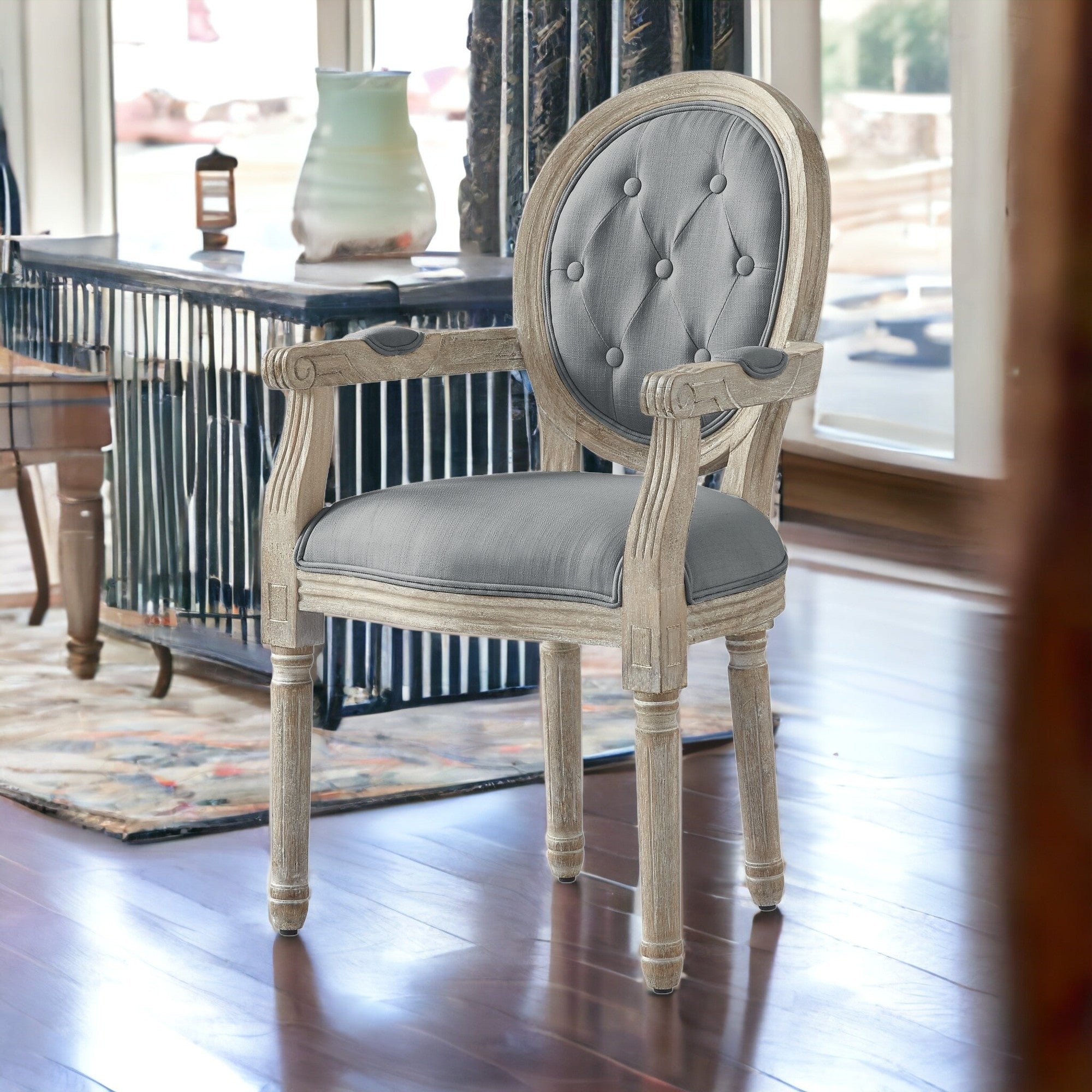 Tufted Cream and Brown Upholstered Linen Dining Arm Chair