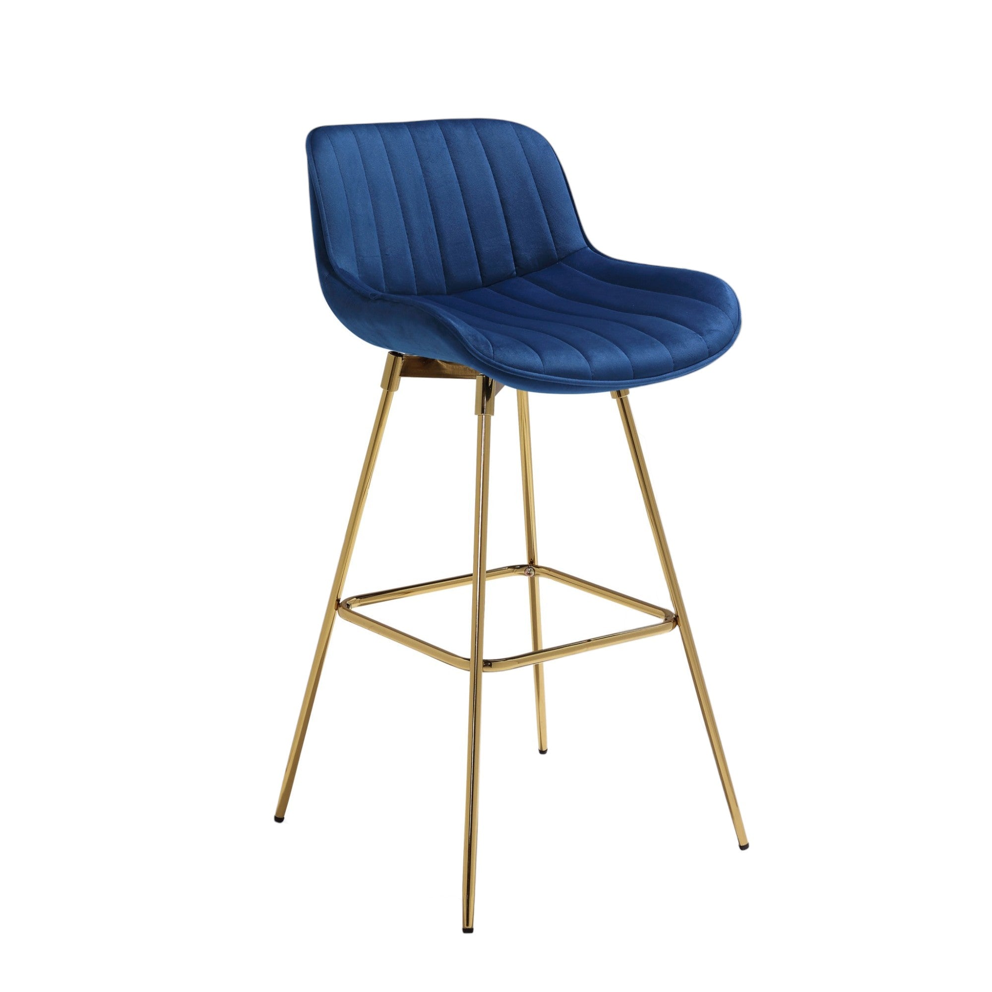 Set of Two 29" Blue And Gold Velvet And Metal Low Back Bar Height Swivel Bar Chairs