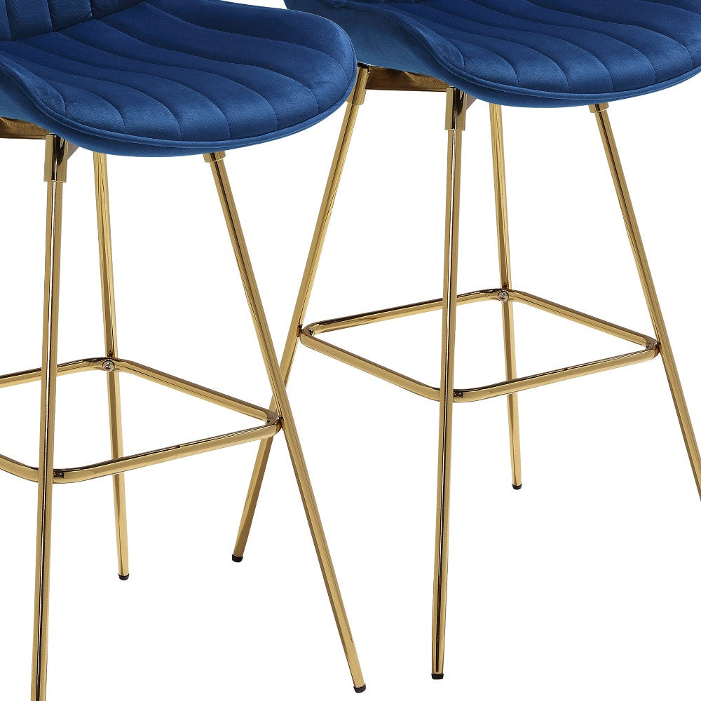 Set of Two 29" Blue And Gold Velvet And Metal Swivel Low Back Bar Height Bar Chairs