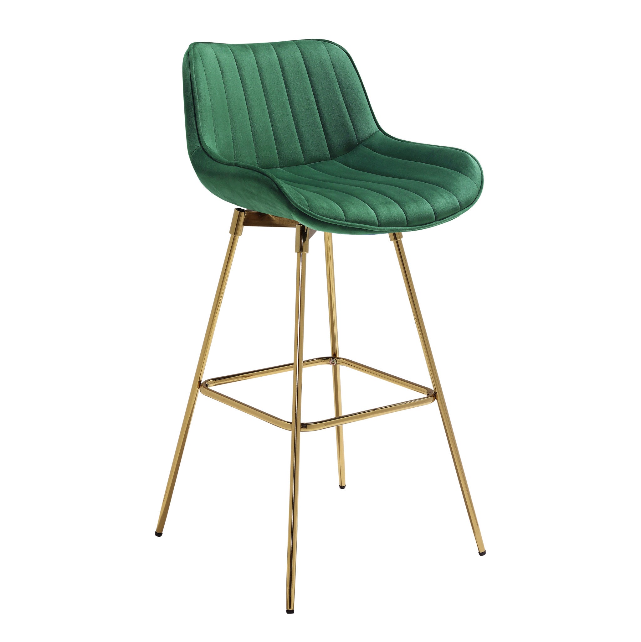 Set of Two 29" Green And Gold Velvet And Metal Low Back Bar Height Swivel Bar Chairs