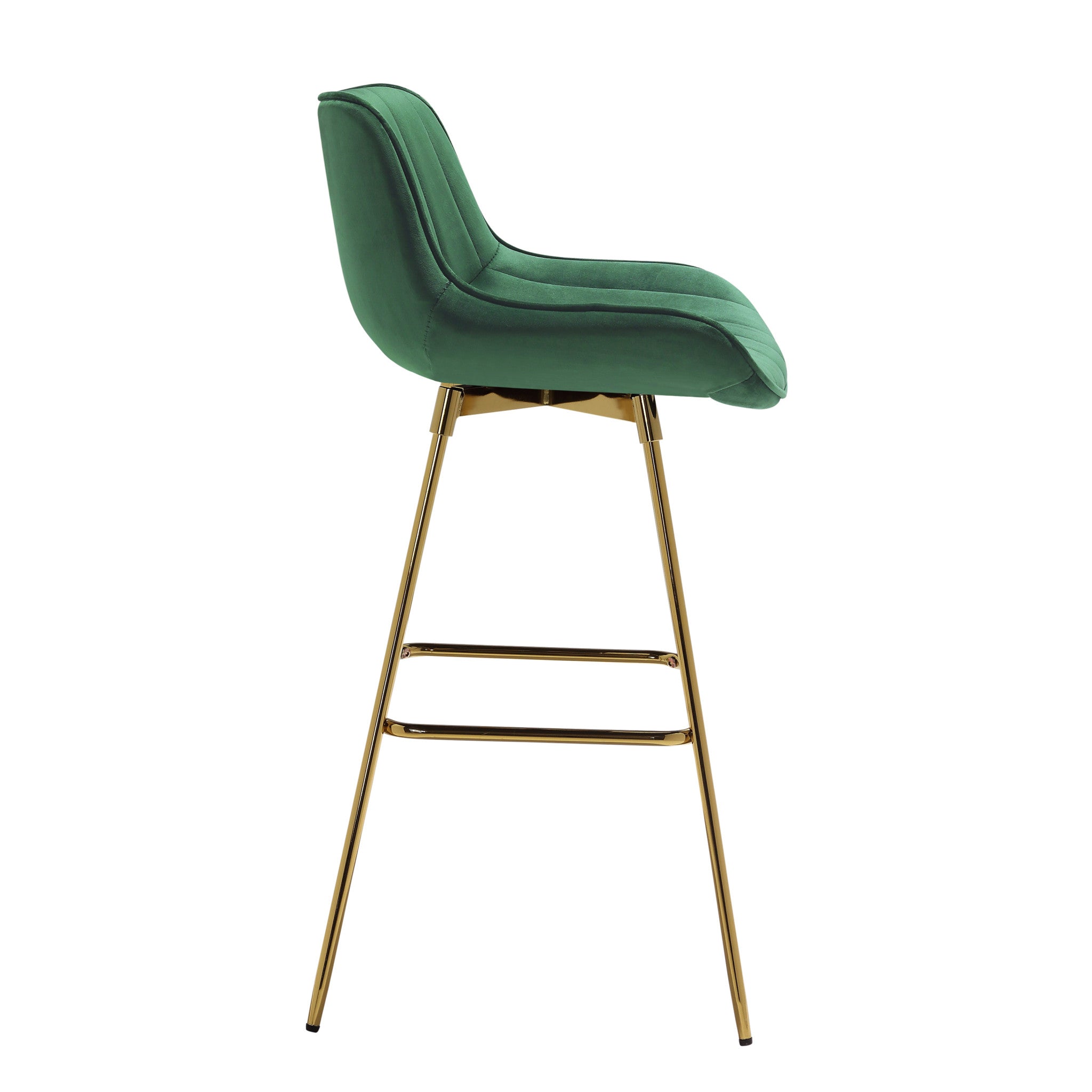 Set of Two 29" Green And Gold Velvet And Metal Low Back Bar Height Swivel Bar Chairs