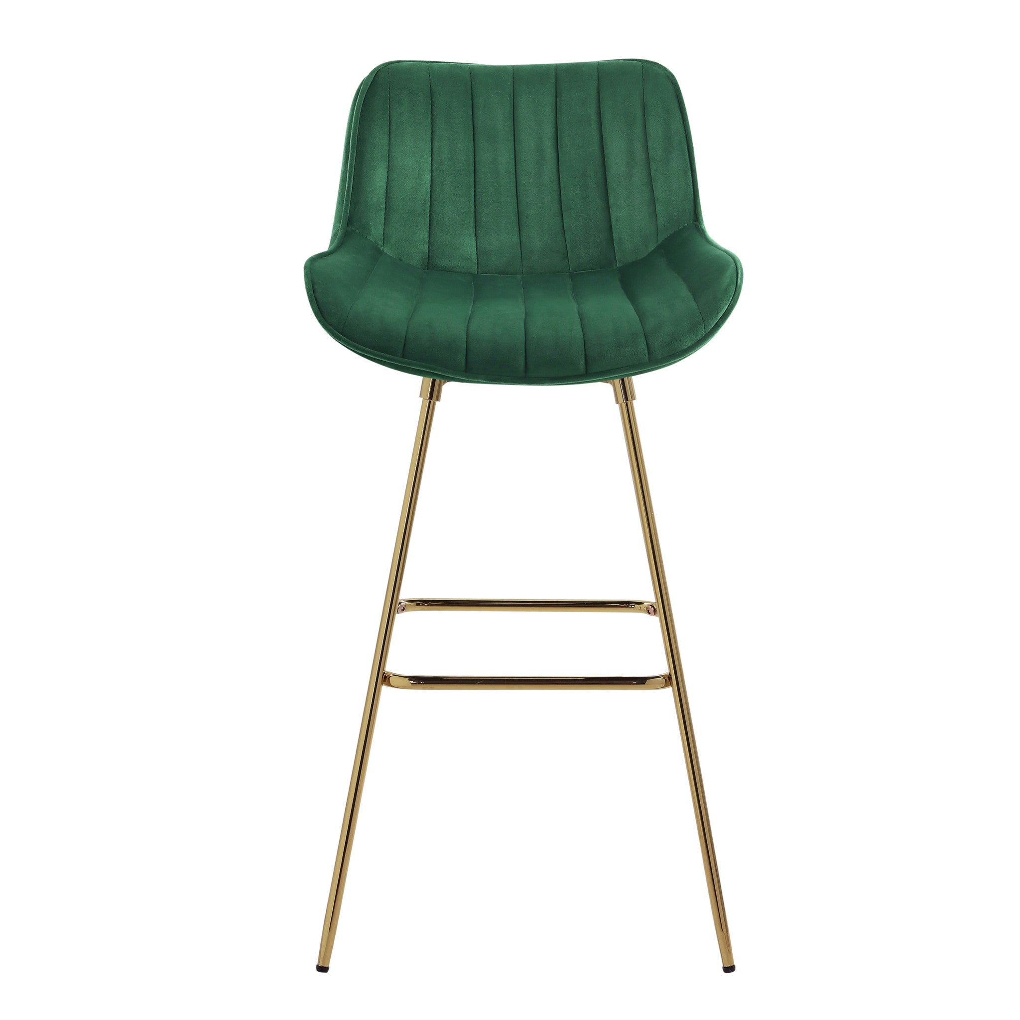 Set of Two 29" Green And Gold Velvet And Metal Low Back Bar Height Swivel Bar Chairs