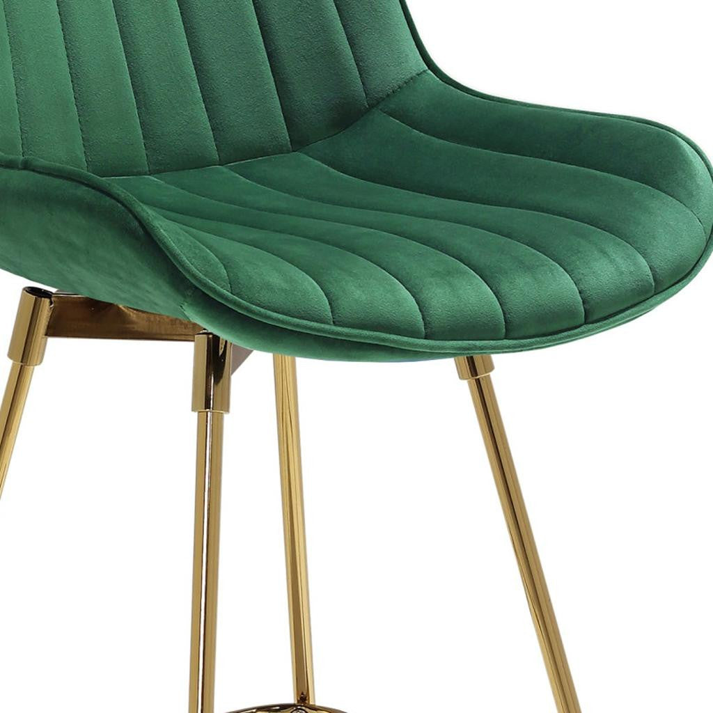 Set of Two 29" Green And Gold Velvet And Metal Low Back Bar Height Swivel Bar Chairs