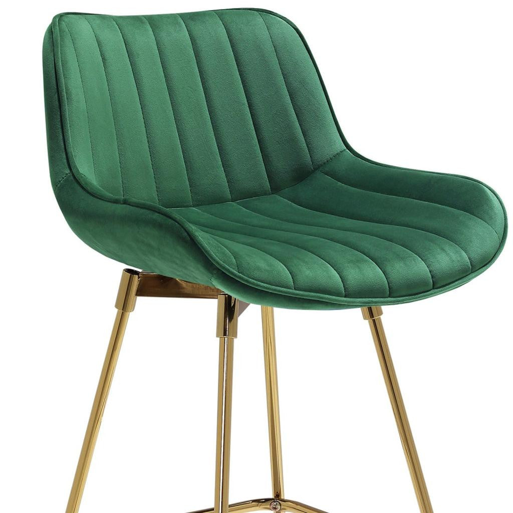 Set of Two 29" Green And Gold Velvet And Metal Low Back Bar Height Swivel Bar Chairs