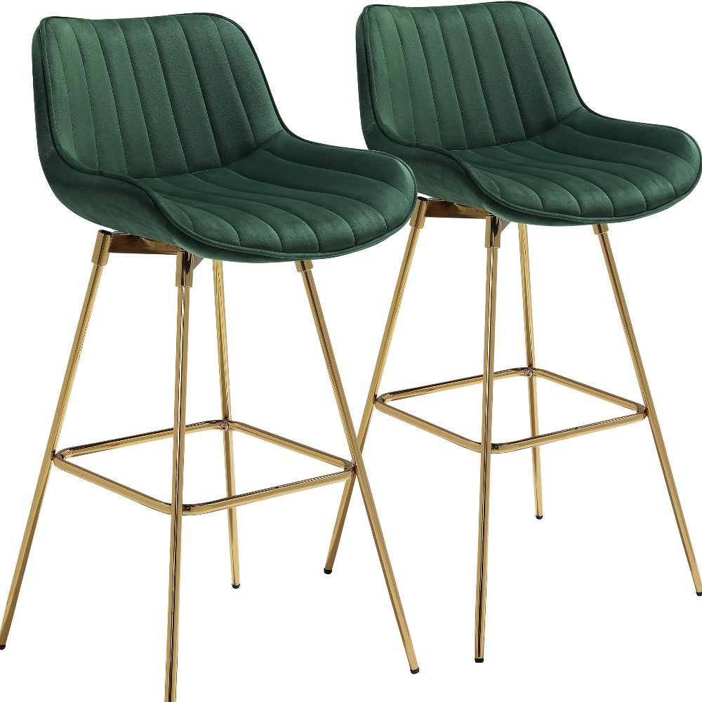 Set of Two 29" Green And Gold Velvet And Metal Swivel Low Back Bar Height Bar Chairs