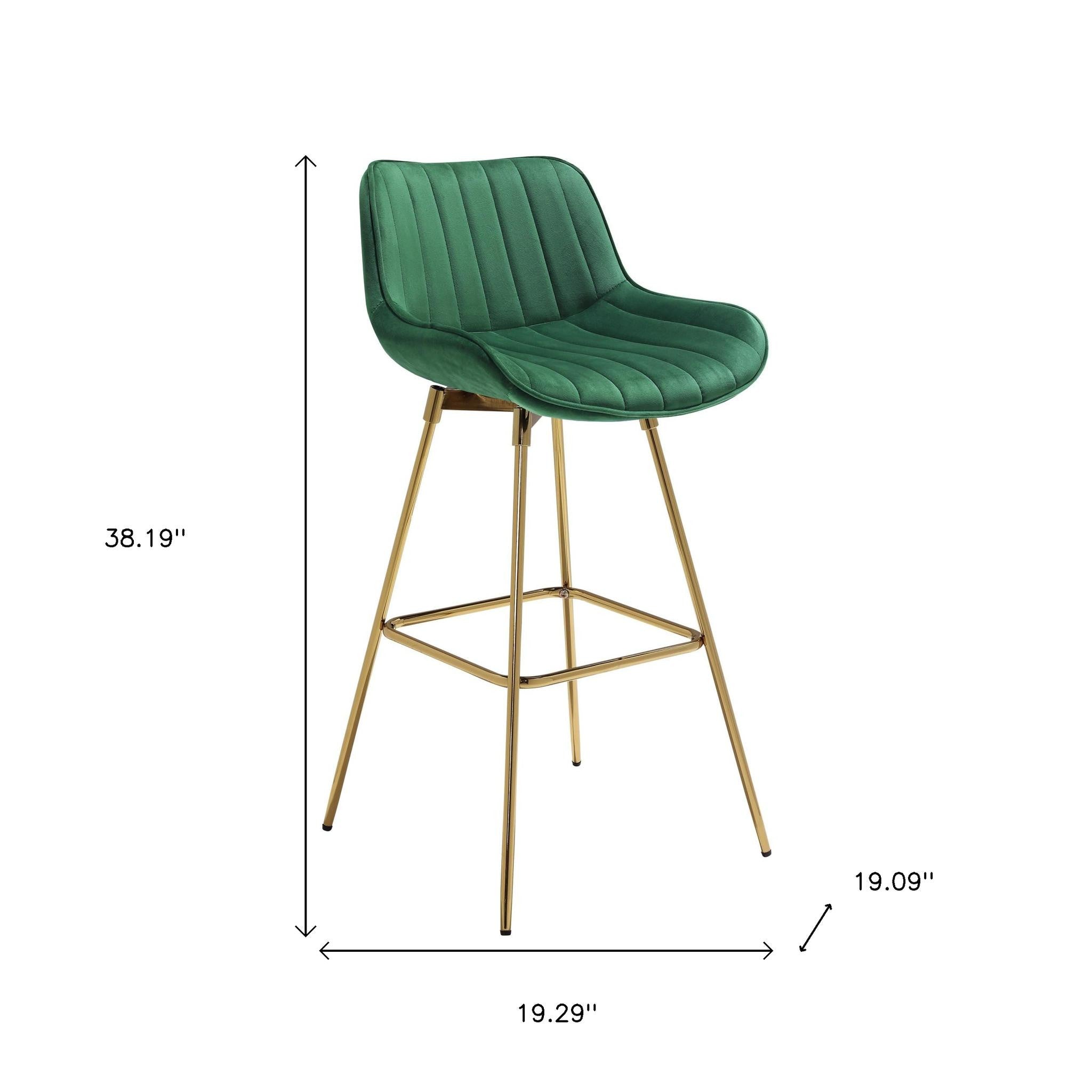 Set of Two 29" Green And Gold Velvet And Metal Low Back Bar Height Swivel Bar Chairs