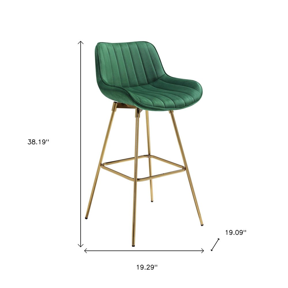 Set of Two 29" Green and Gold Velvet and Metal Low Back Bar Height Swivel Bar Chairs